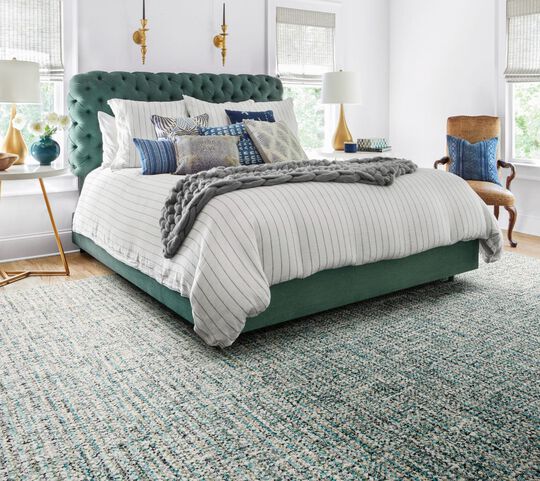 Bedroom with FLOR Tailored Touch area rug in Light Blue
